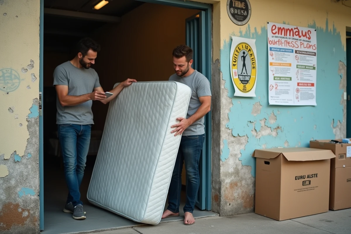 Un homme déposant un matelas à l'entrée d'un point de collecte Emmaüs en France