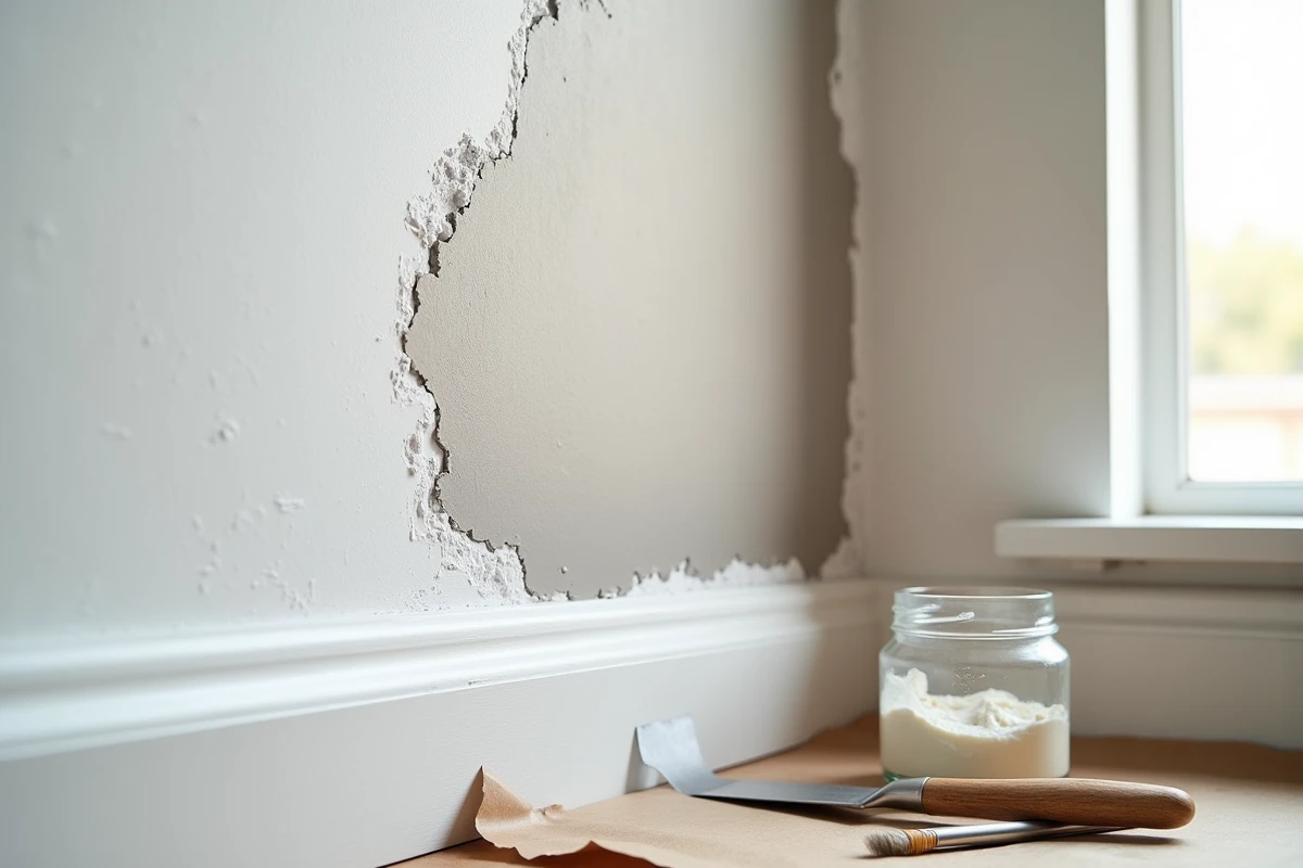 Gros plan sur la différence de texture entre un mur lissé et un mur brut avec un couteau de peintre en inox