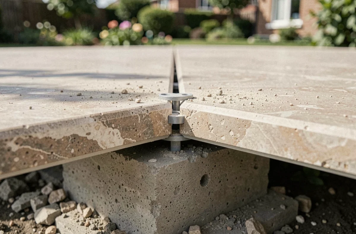Détail de jonction de carrelage sur plot réglable avec joint de dilatation et vue sur le soubassement de la terrasse