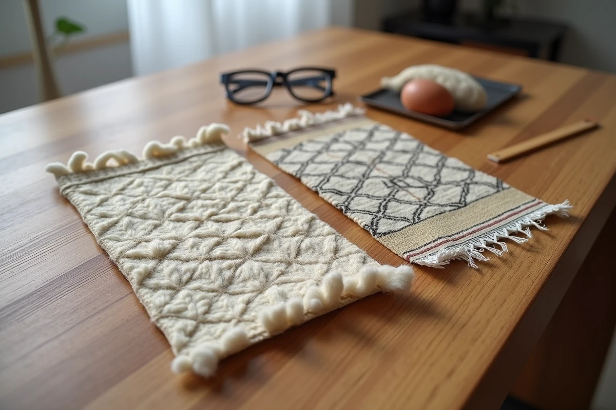 Comparaison en gros plan des fibres d'un tapis Beni Ourain authentique et d'une contrefaçon synthétique