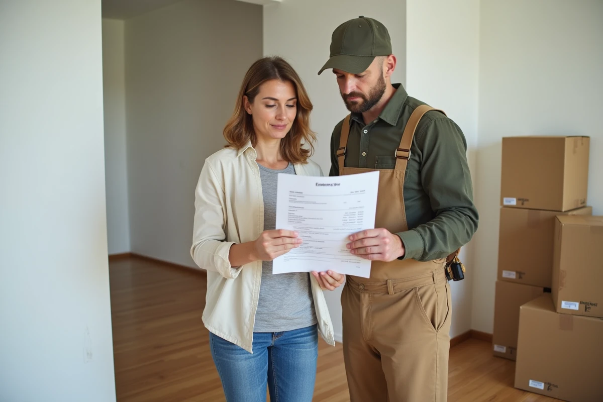 Une femme examinant un devis de déménagement avec un professionnel dans un appartement vide