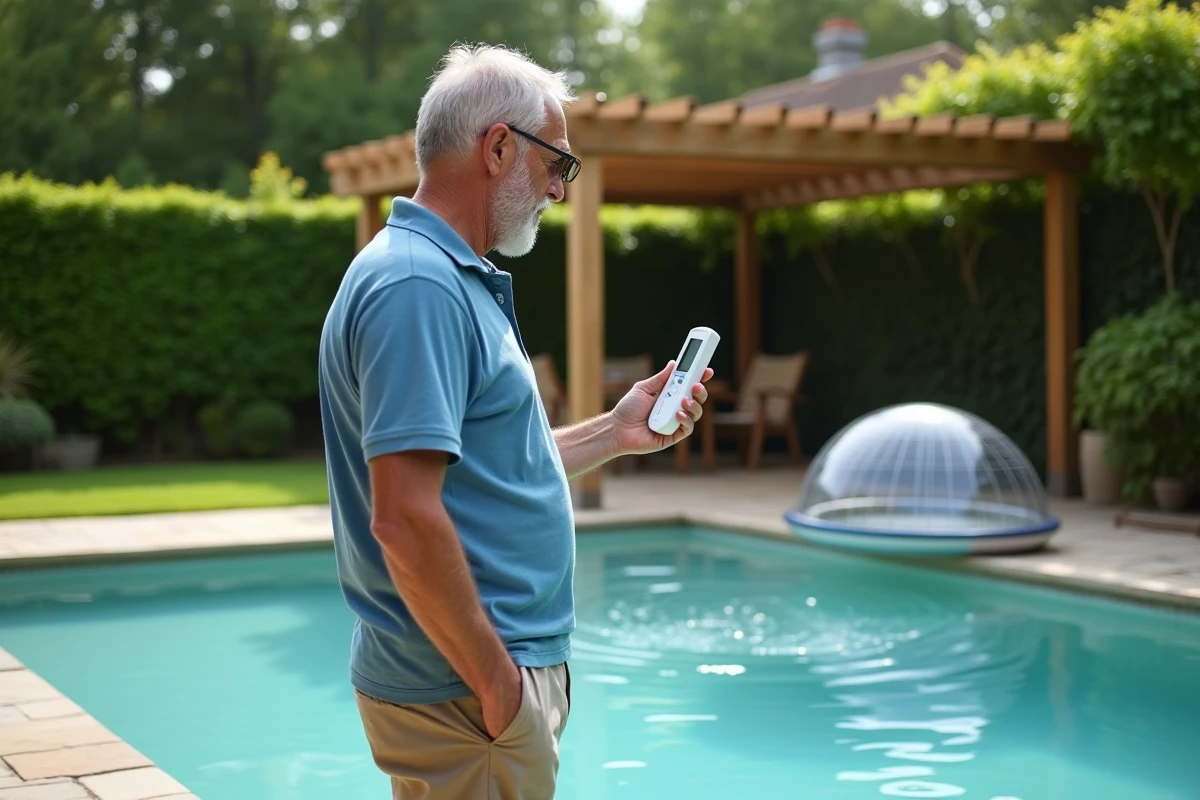 Homme mesurant la température de l'eau d'une piscine chauffée par dôme solaire flottant
