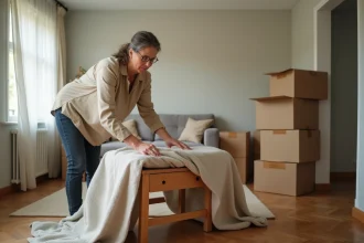 Femme préparant des meubles pour un don à la Croix-Rouge, enveloppant une chaise en bois dans une couverture de déménagement
