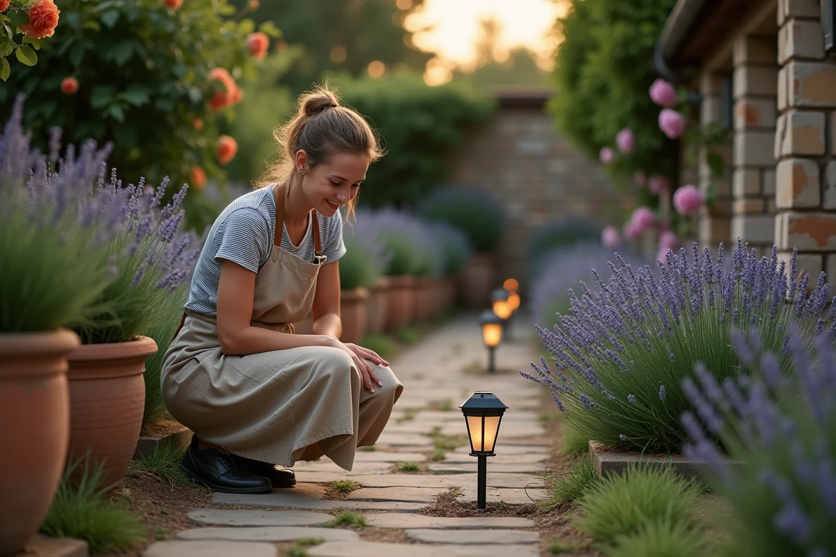 Femme installant des lanternes solaires le long d'un chemin de jardin en pierre entouré de lavande