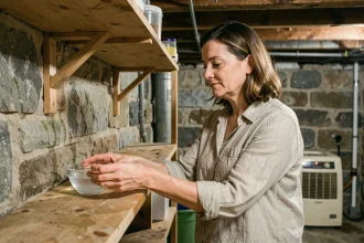 Femme plaçant du vinaigre blanc dans une cave humide pour éliminer les mauvaises odeurs d'humidité