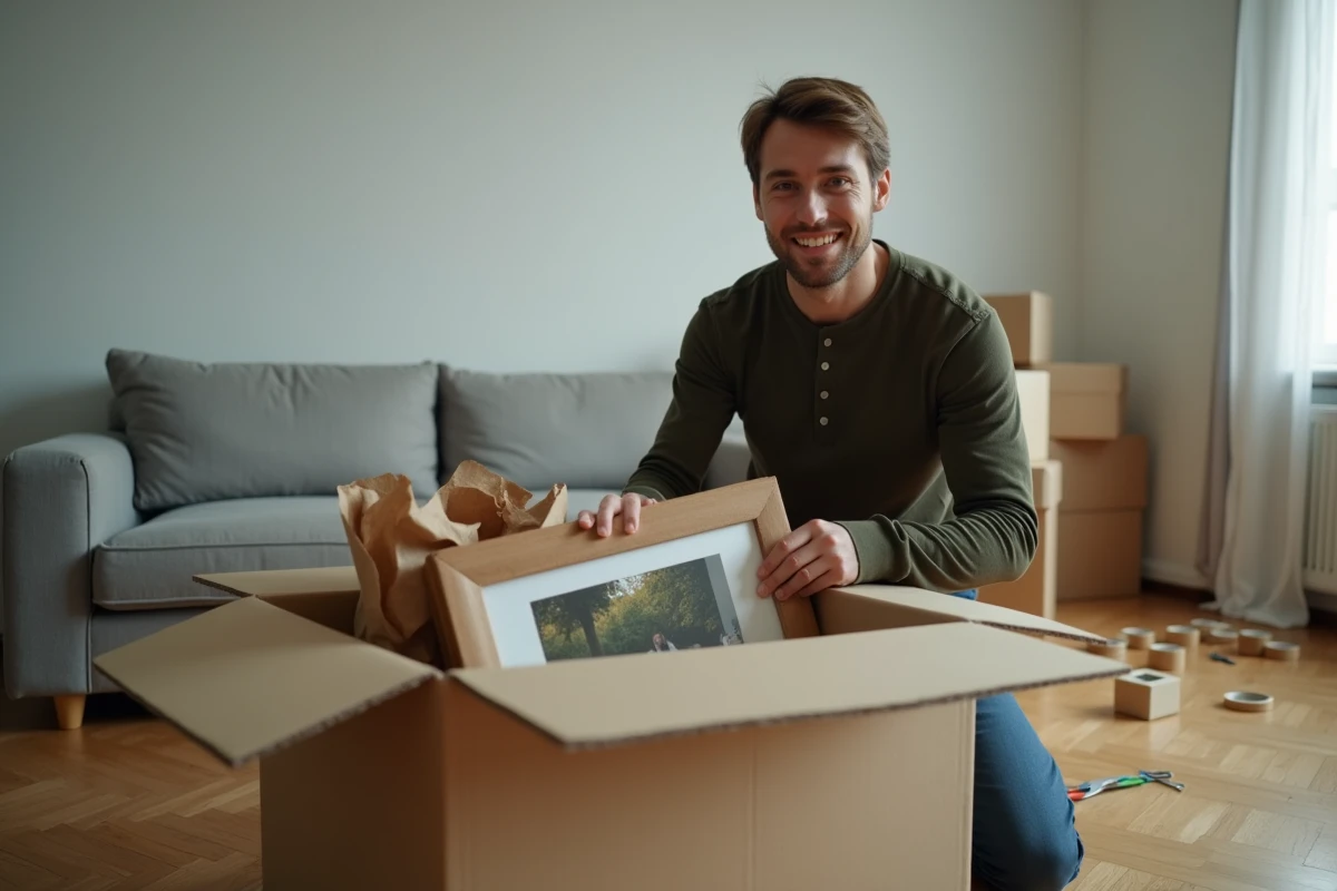 Homme emballant un tableau dans du papier kraft à l'intérieur de cartons de déménagement