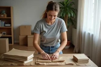 Femme emballant des livres dans du papier kraft pour préparer un déménagement de bibliothèque