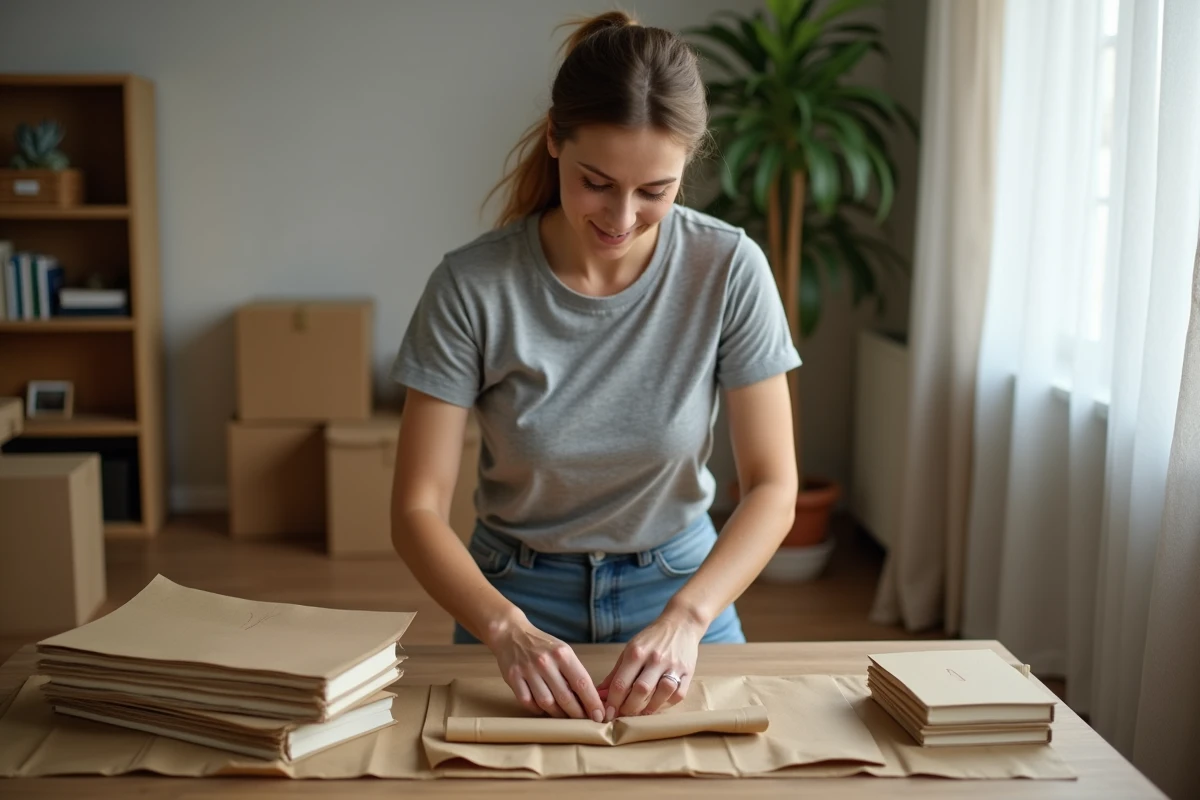 Femme emballant des livres dans du papier kraft pour préparer un déménagement de bibliothèque