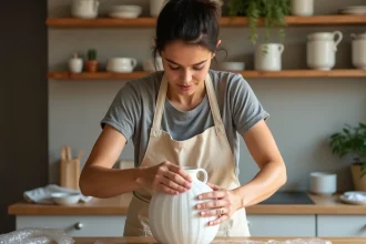 Femme emballant un vase en céramique fragile avec du papier bulle sur une table en bois
