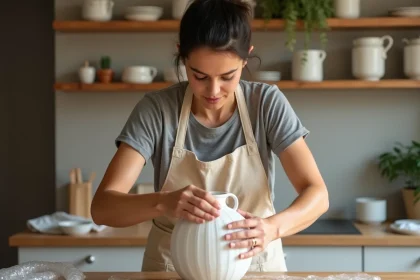 Femme emballant un vase en céramique fragile avec du papier bulle sur une table en bois