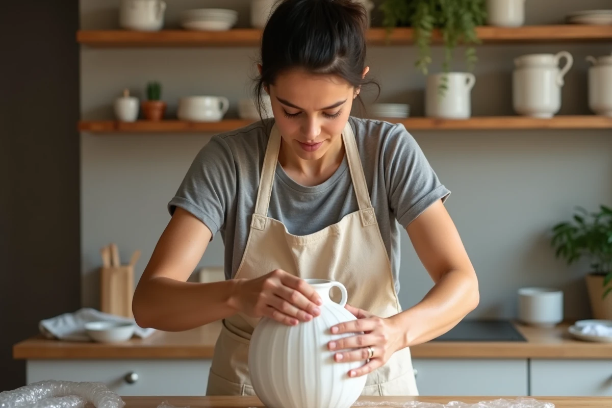 Femme emballant un vase en céramique fragile avec du papier bulle sur une table en bois