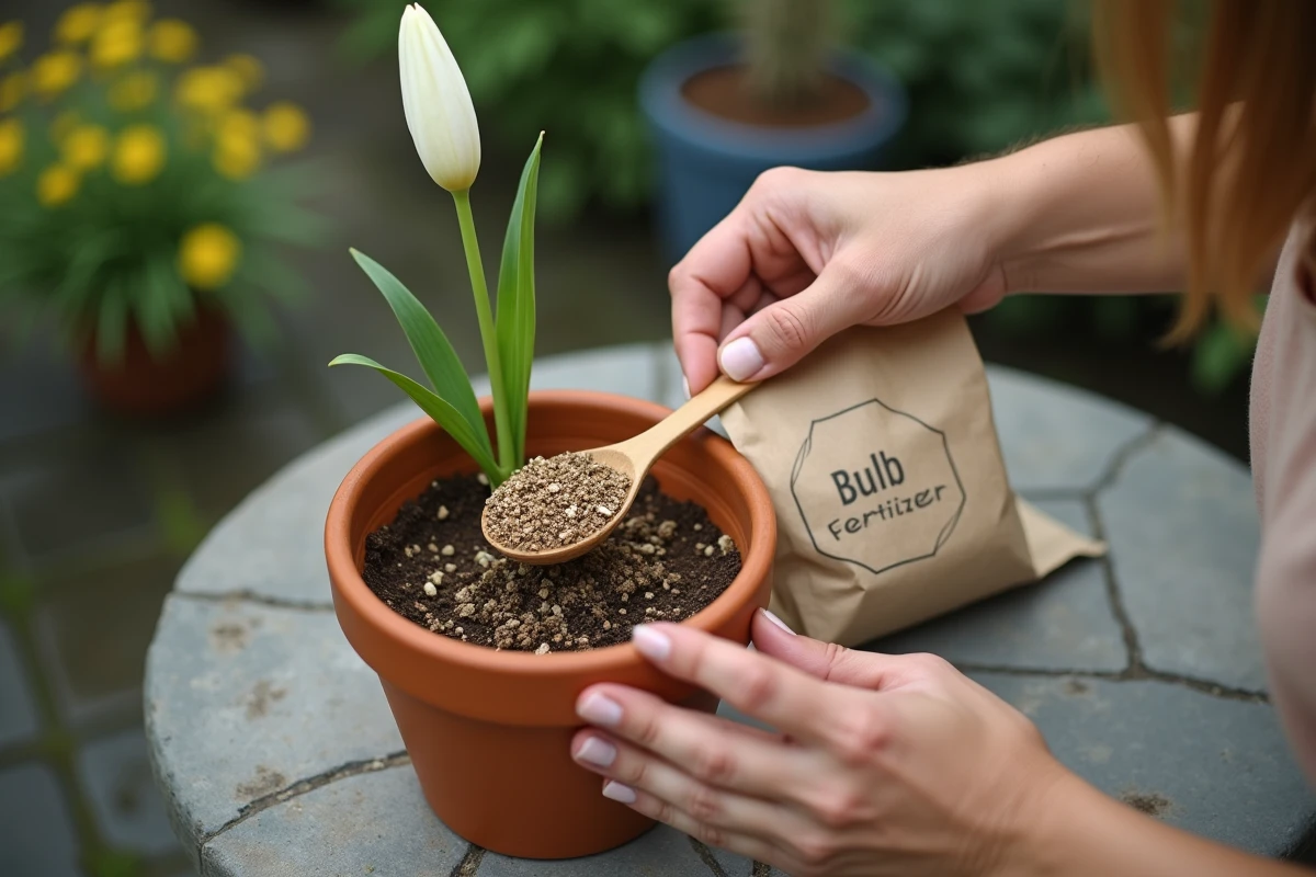 Mains ajoutant de l'engrais granulaire dans un pot de lys en fleur sur une terrasse