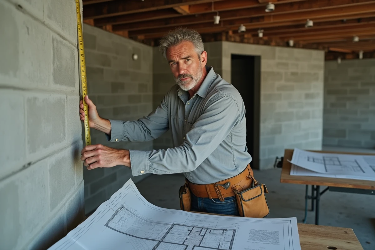 Entrepreneur mesurant un mur de sous-sol en béton pour évaluer la faisabilité d'une chambre à coucher