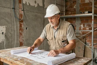 Entrepreneur en rénovation examinant des plans architecturaux dans un appartement en cours de travaux