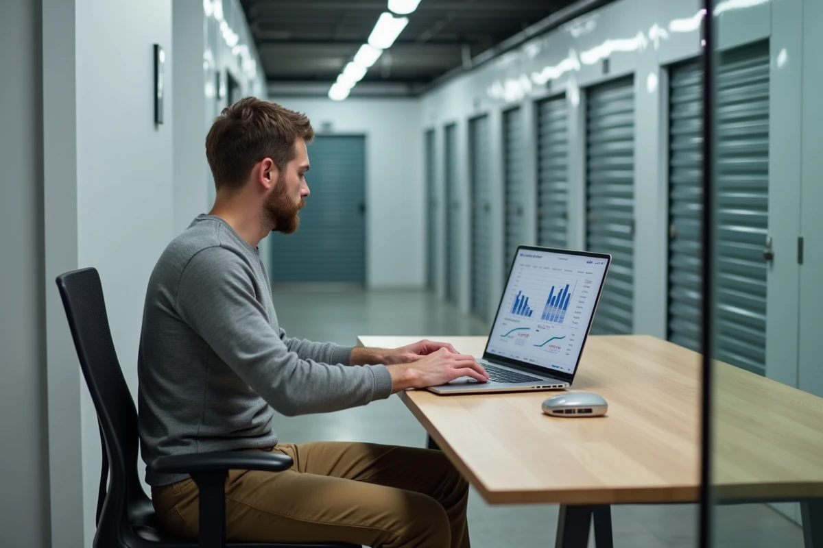 Homme entrepreneur analysant les revenus d'un garde-meuble sur ordinateur dans un bureau