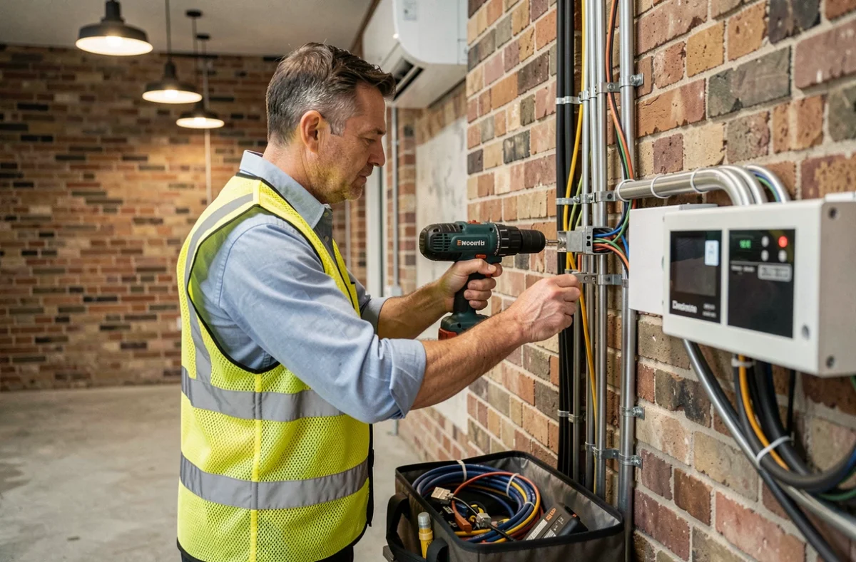 Technicien de l'Entreprise André effectuant l'installation électrique et climatisation dans un local commercial du 10e arrondissement de Paris