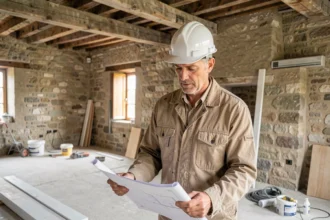 Artisan rénovateur dans l'Ain examinant des plans architecturaux dans une maison en cours de rénovation avec murs en pierre et poutres en bois