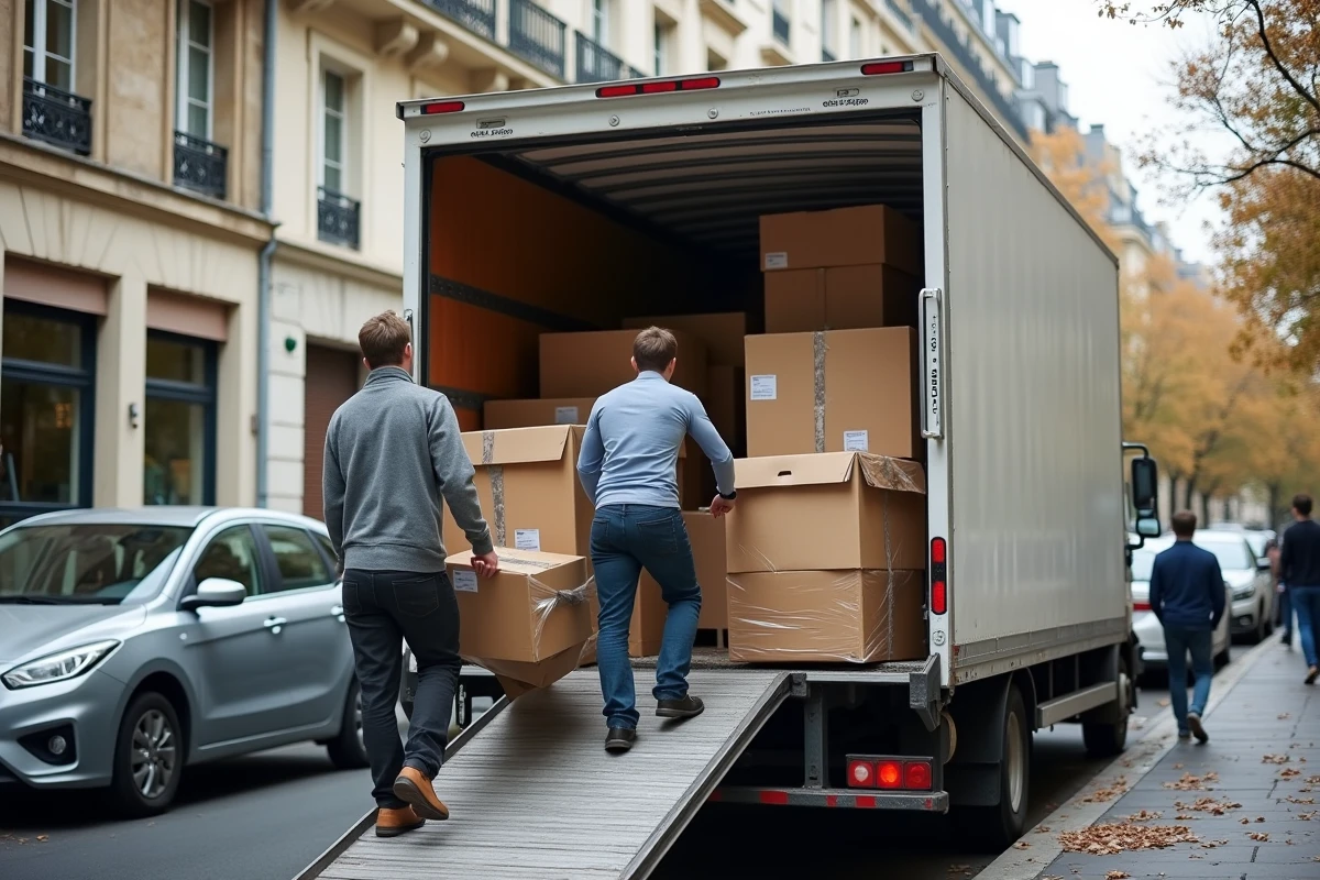 Équipe de déménageurs professionnels chargeant des meubles et cartons dans un camion de déménagement en ville