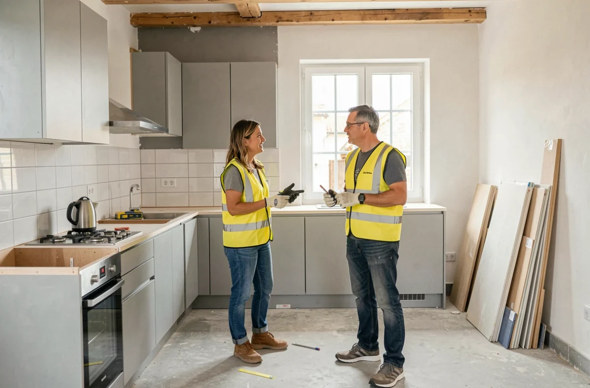 Équipe de professionnels en rénovation intérieure discutant d'un chantier de cuisine dans une maison de l'Ain