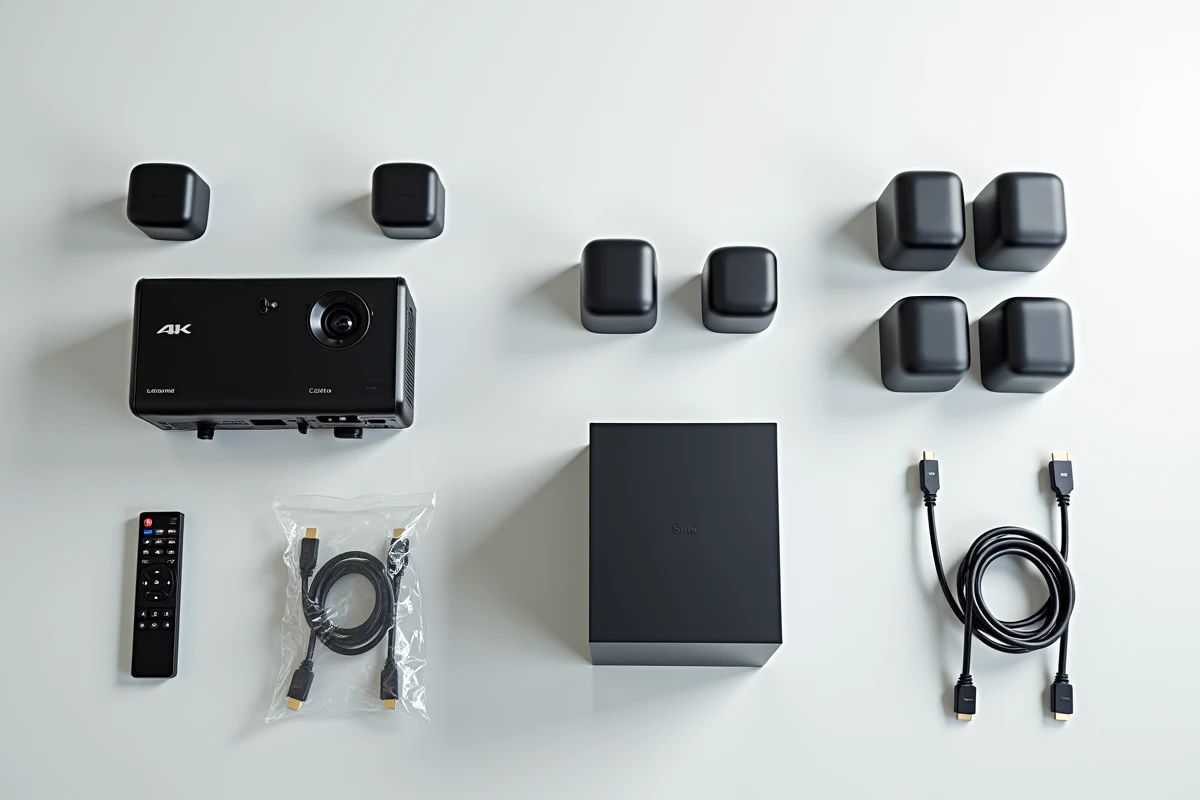 Équipements home cinéma disposés en flat lay incluant projecteur, enceintes et ampli AV