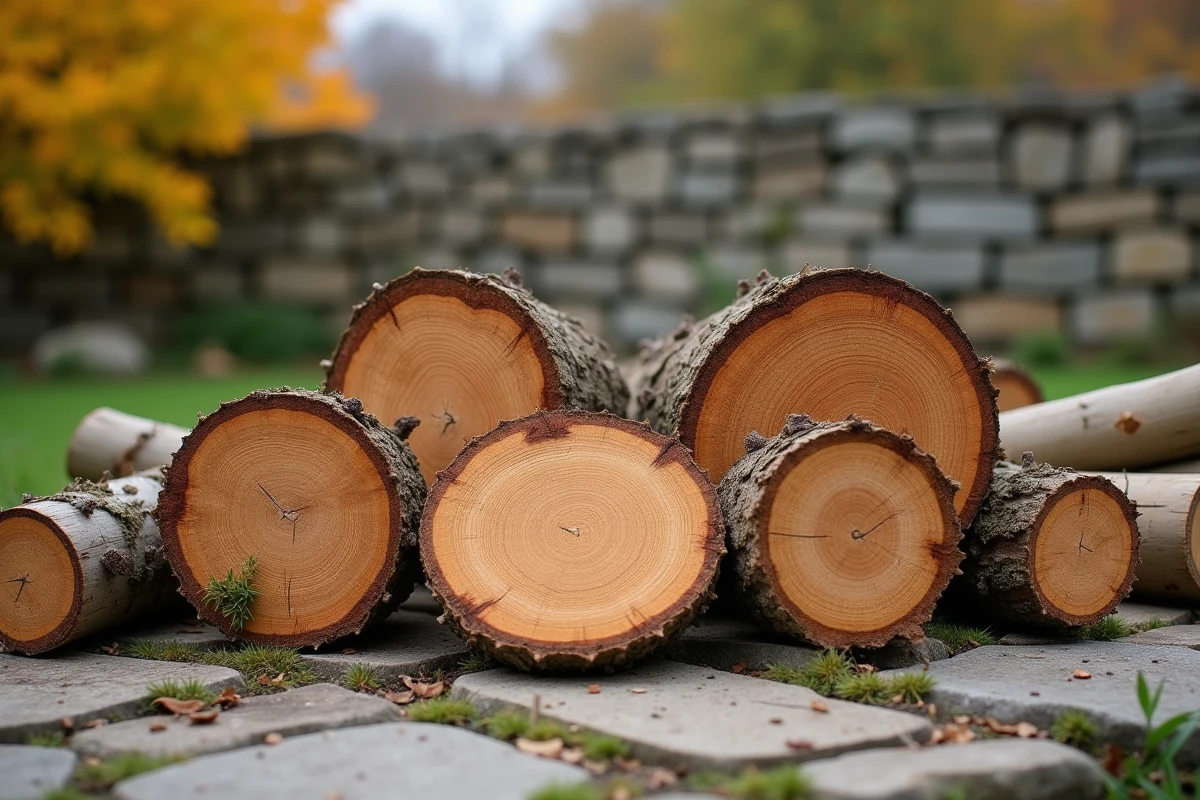 Sections de bûches de bois résistant à la fente disposées sur une surface en pierre dans un jardin rustique en automne