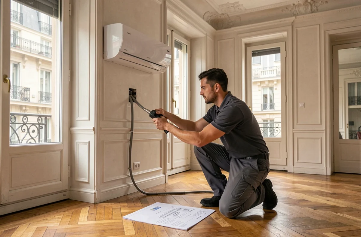 Technicien Estrada installant une unité de climatisation gainable dans un appartement haussmannien du 9e arrondissement de Paris