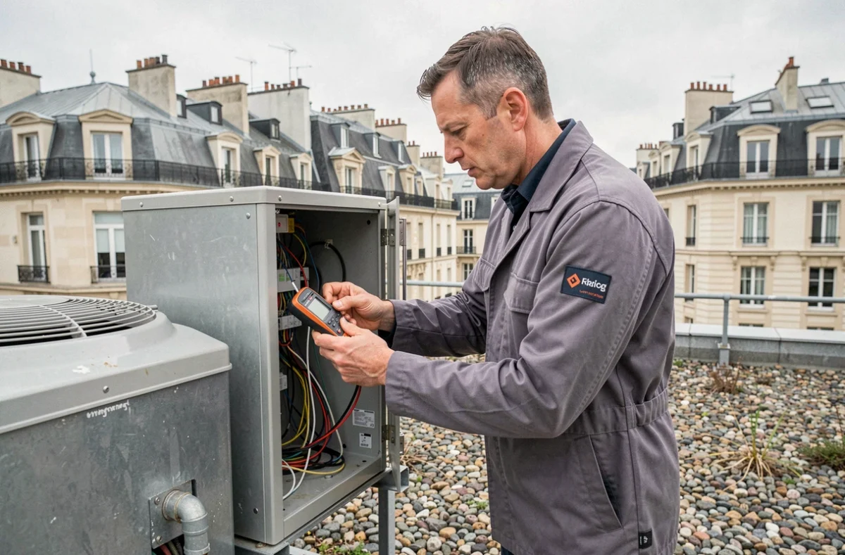 Technicien Estrada Greenhill diagnostiquant un climatiseur en panne sur un toit d'immeuble dans le nord de Paris