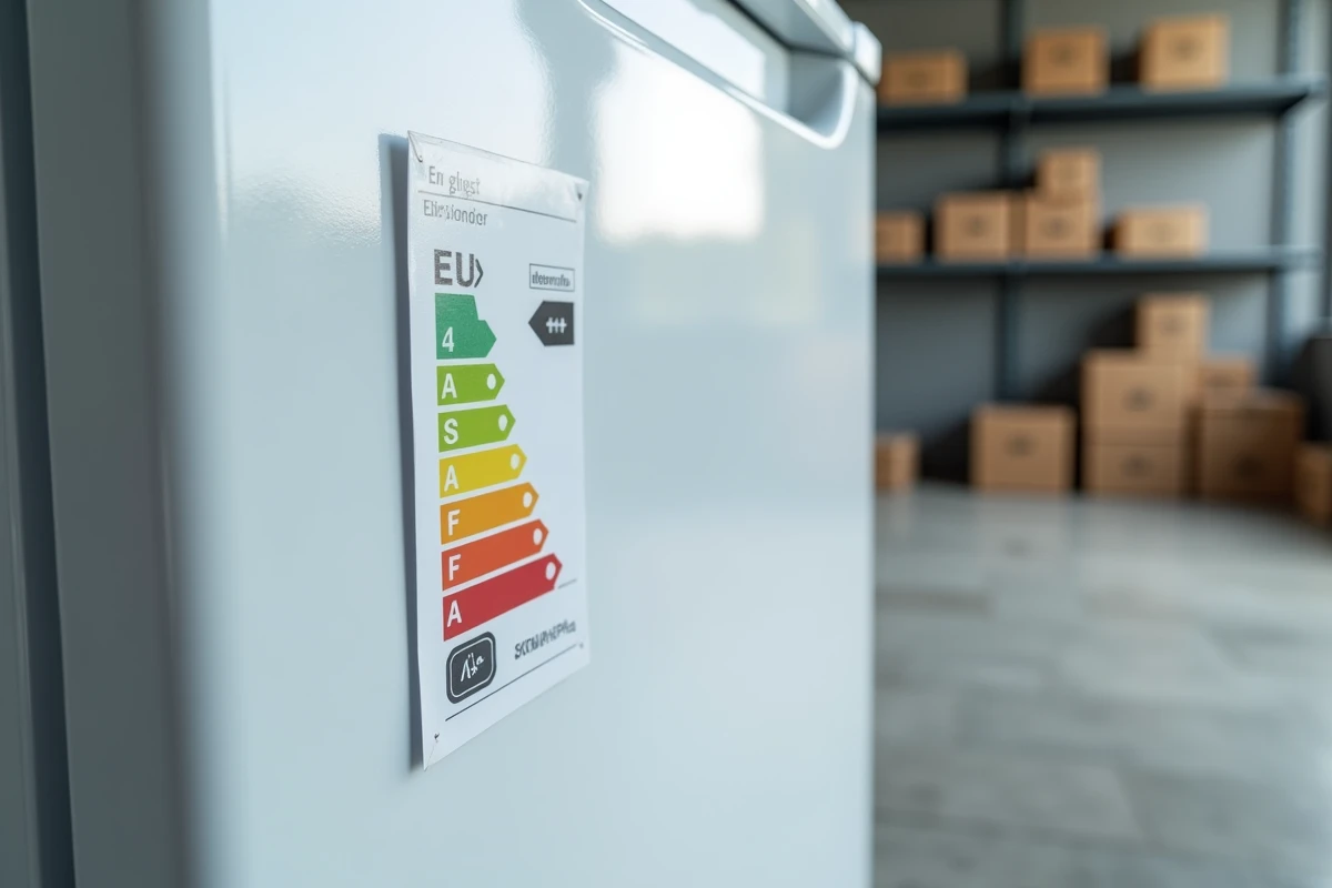 Étiquette énergétique A+++ sur un congélateur blanc indiquant une faible consommation électrique