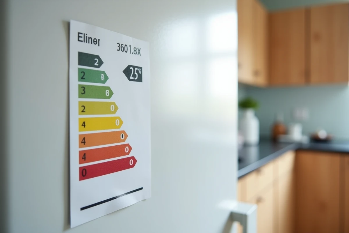 Étiquette énergie européenne sur la porte d'un réfrigérateur blanc montrant les nouvelles classes énergétiques