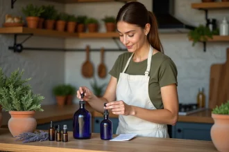 Femme préparant un insectifuge naturel aux huiles essentielles dans une cuisine rustique avec des flacons en verre et de la lavande séchée
