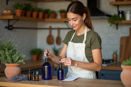 Femme préparant un insectifuge naturel aux huiles essentielles dans une cuisine rustique avec des flacons en verre et de la lavande séchée