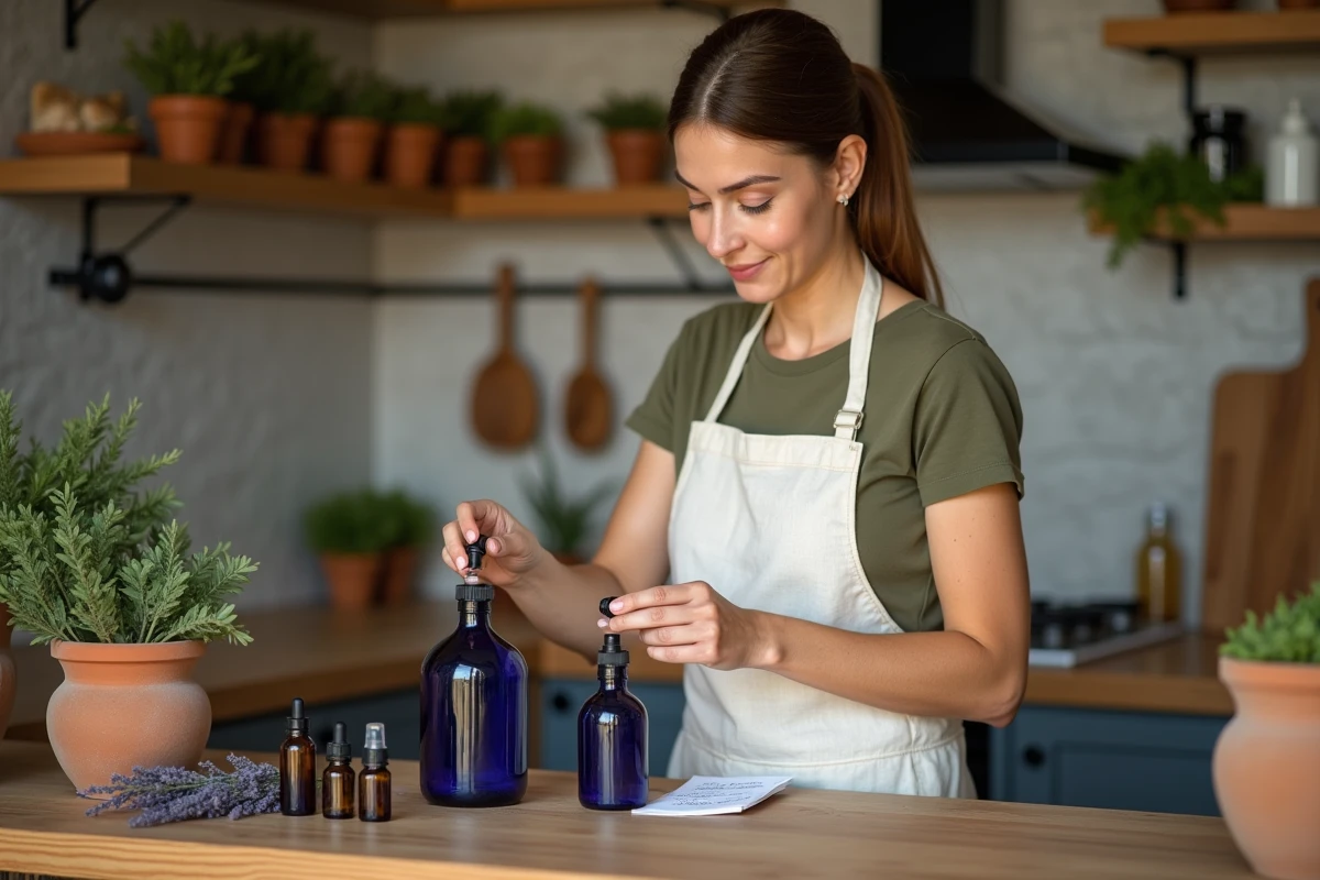 Femme préparant un insectifuge naturel aux huiles essentielles dans une cuisine rustique avec des flacons en verre et de la lavande séchée