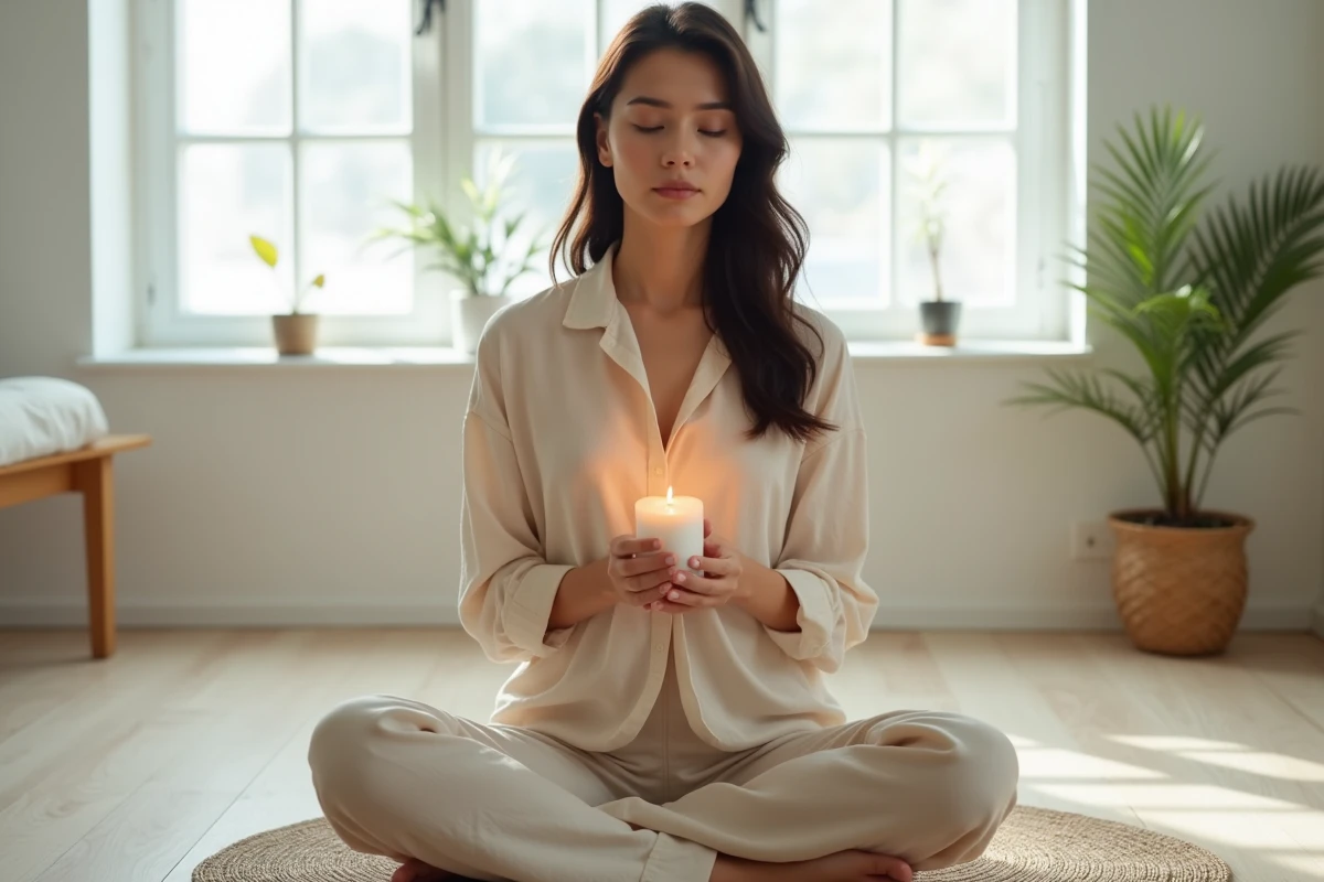 Jeune femme tenant une bougie blanche lors d'une pratique de manifestation et de méditation à la maison