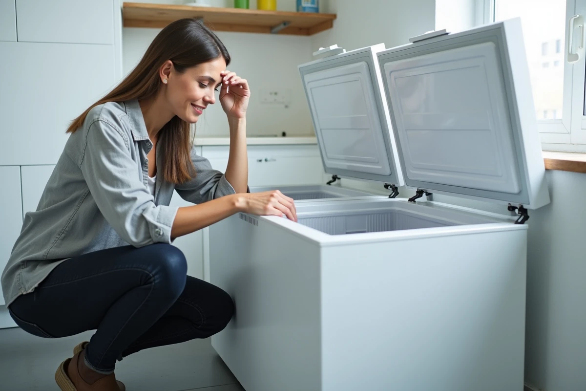 Femme comparant deux types de congélateurs dans une buanderie pour choisir le modèle le plus économique