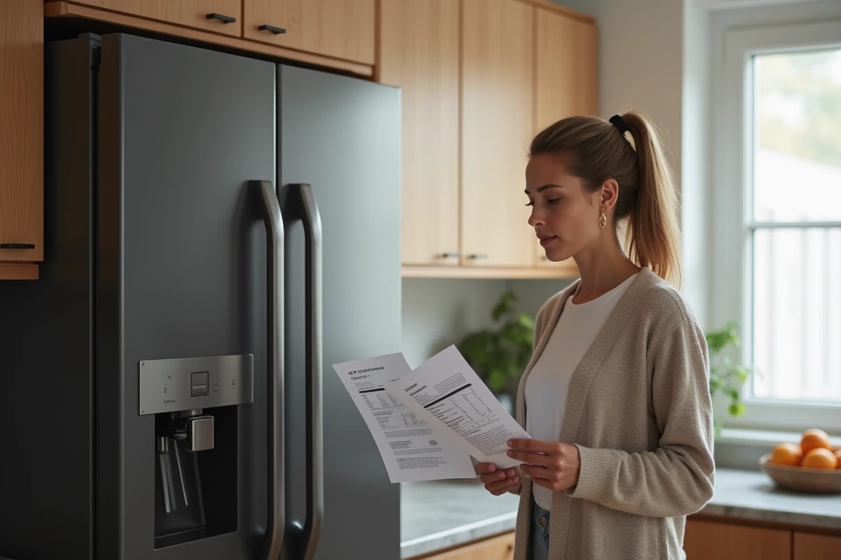 Femme comparant des fiches techniques de réfrigérateurs dans une cuisine moderne avec étiquettes énergétiques