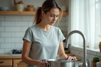Femme dans une cuisine moderne tenant un chiffon humide près d'une casserole avec une expression dégoûtée, illustrant comment enlever les mauvaises odeurs.