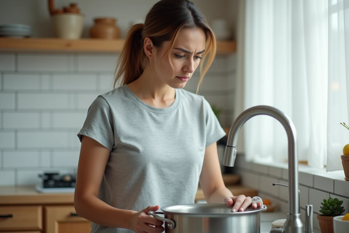 Femme dans une cuisine moderne tenant un chiffon humide près d'une casserole avec une expression dégoûtée, illustrant comment enlever les mauvaises odeurs.