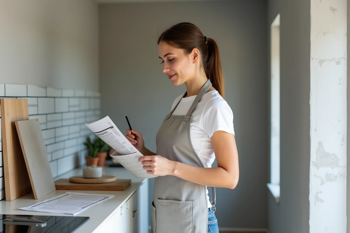Femme consultant des devis et échantillons de matériaux pour rénover une petite cuisine
