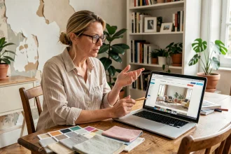Femme évaluant un site de décoration intérieure sur son ordinateur portable entouré d'échantillons de tissus et de nuanciers de peinture