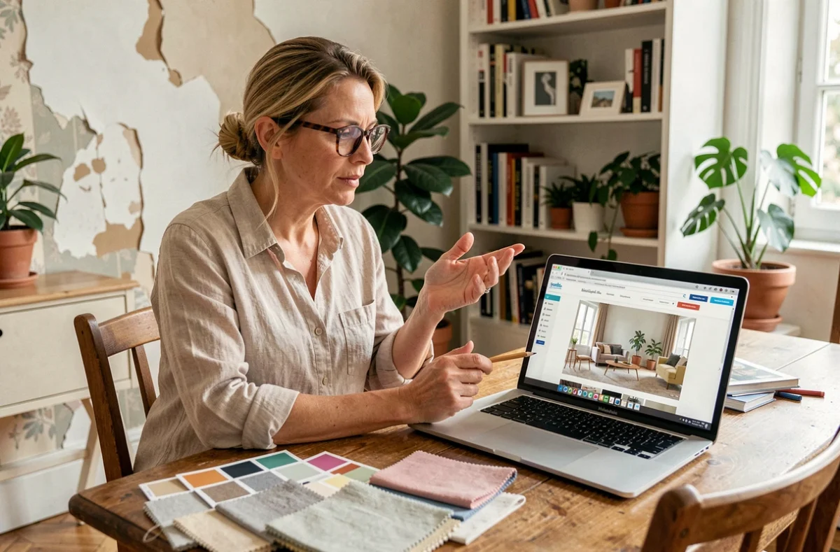 Femme évaluant un site de décoration intérieure sur son ordinateur portable entouré d'échantillons de tissus et de nuanciers de peinture