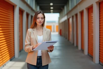 Femme professionnelle devant un garde-meuble moderne consultant des documents de location rentable