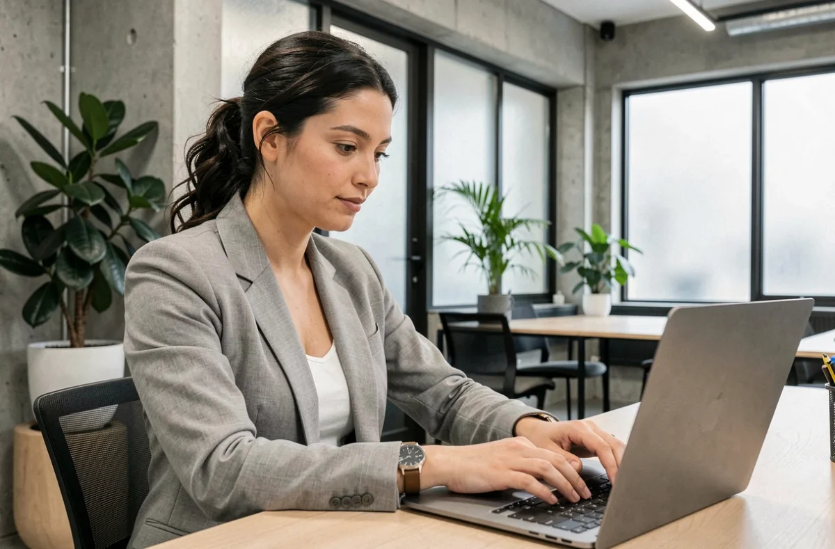 Femme professionnelle portant une montre Delpherm au poignet dans un espace de coworking moderne, alliant confort et style