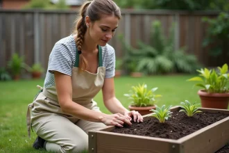 Femme débutante qui plante des semis dans un carré de jardin surélevé en bois dans un jardin de banlieue