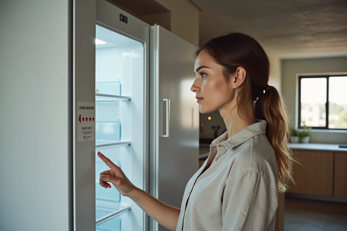 Femme examinant le compartiment congélateur d'un réfrigérateur 4 étoiles dans une cuisine moderne