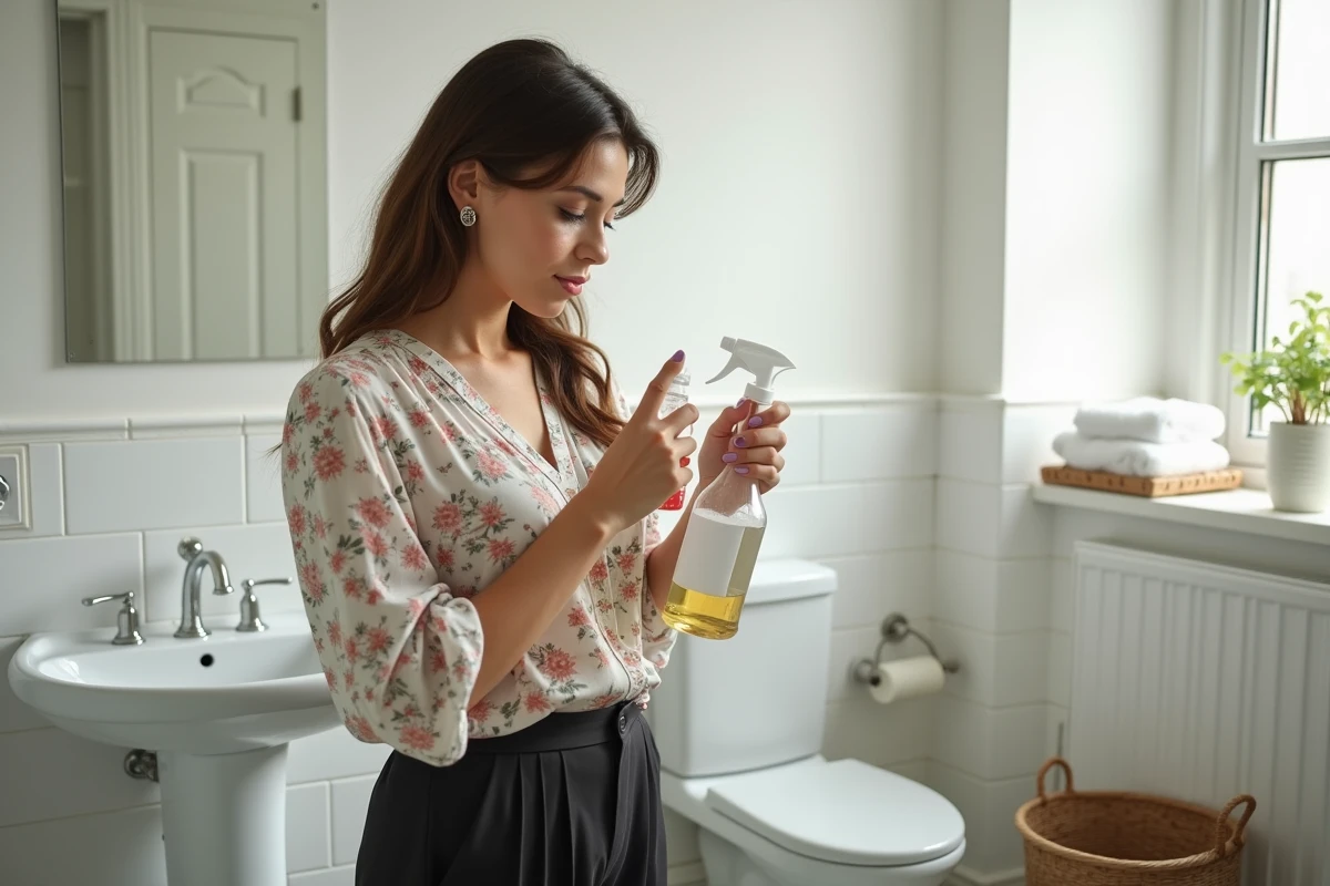 Femme dans une salle de bain tenant un flacon de vinaigre blanc et un vaporisateur pour éliminer les mauvaises odeurs naturellement.