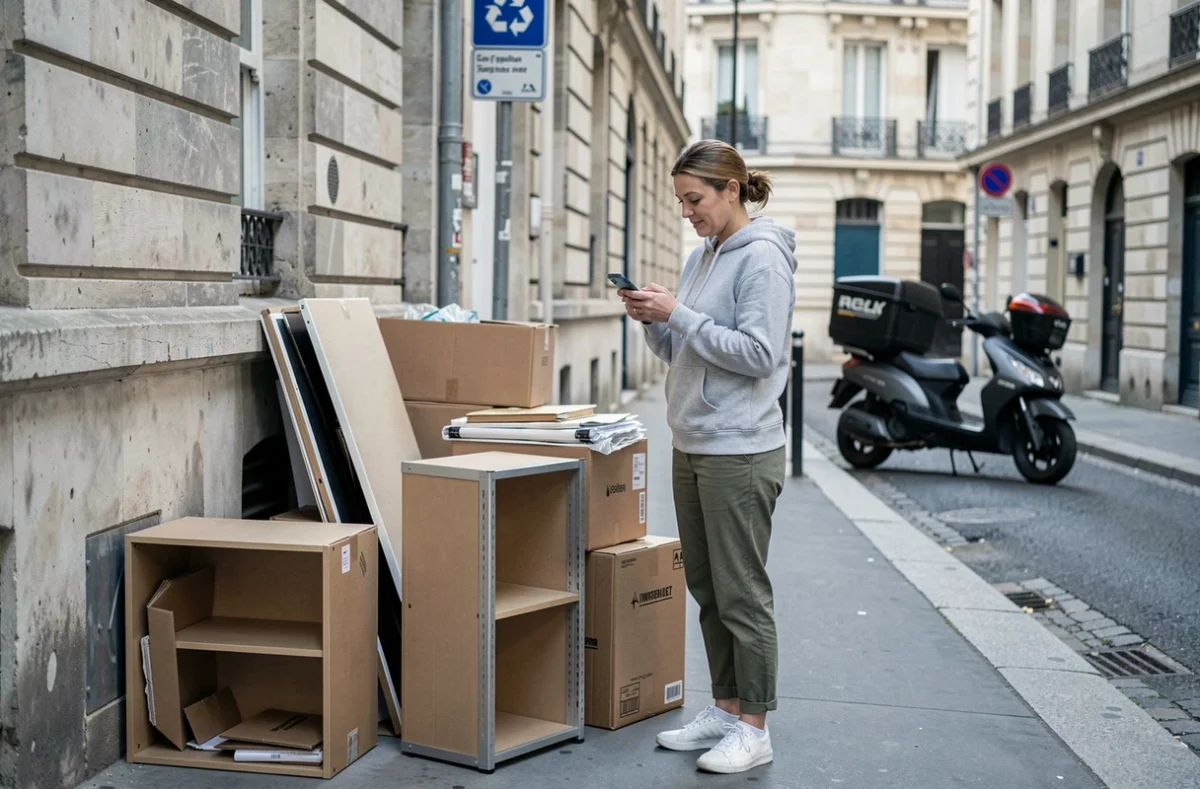 Femme vérifiant les règles de collecte des encombrants sur son téléphone dans une rue du 15e arrondissement de Paris
