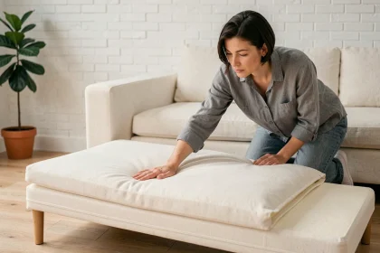 Femme testant la densité du matelas d'un canapé convertible ouvert dans un salon moderne