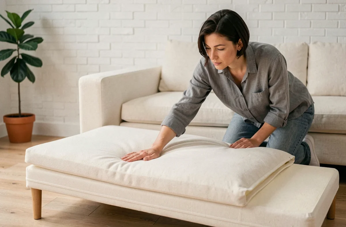Femme testant la densité du matelas d'un canapé convertible ouvert dans un salon moderne