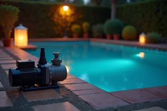 Pompe de filtration de piscine éteinte la nuit au bord d'une piscine résidentielle