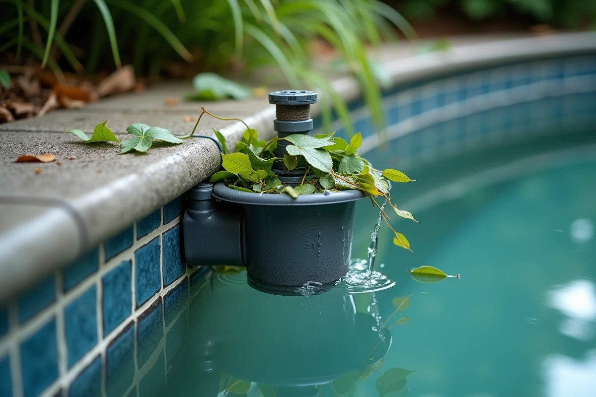 Panier de skimmer de piscine rempli de feuilles et débris après un épisode orageux avec eau trouble